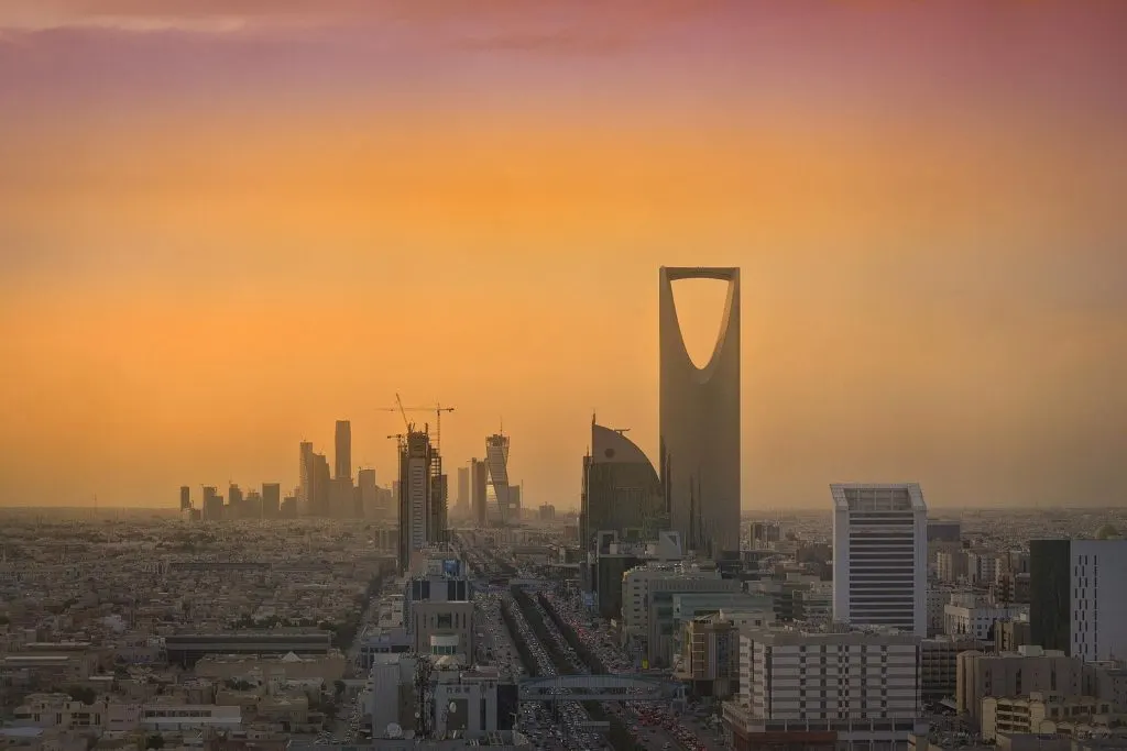 Saudi Arabia Riyadh AlUla – Riyadh Skyline showing the King Abdullah Financial District (KAFD) and the famous Kingdom Tower